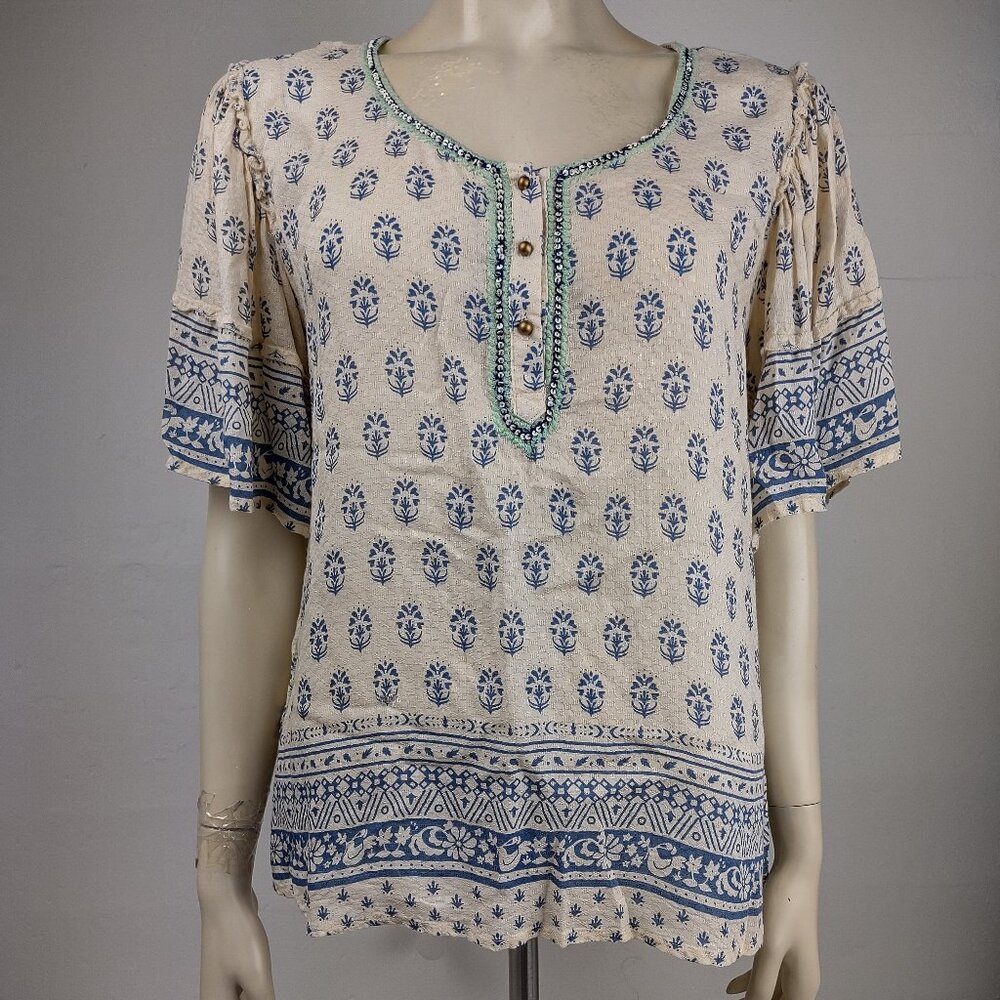 Novica beige blue boho bohemian print embellished Round Neck blouse ladies Small